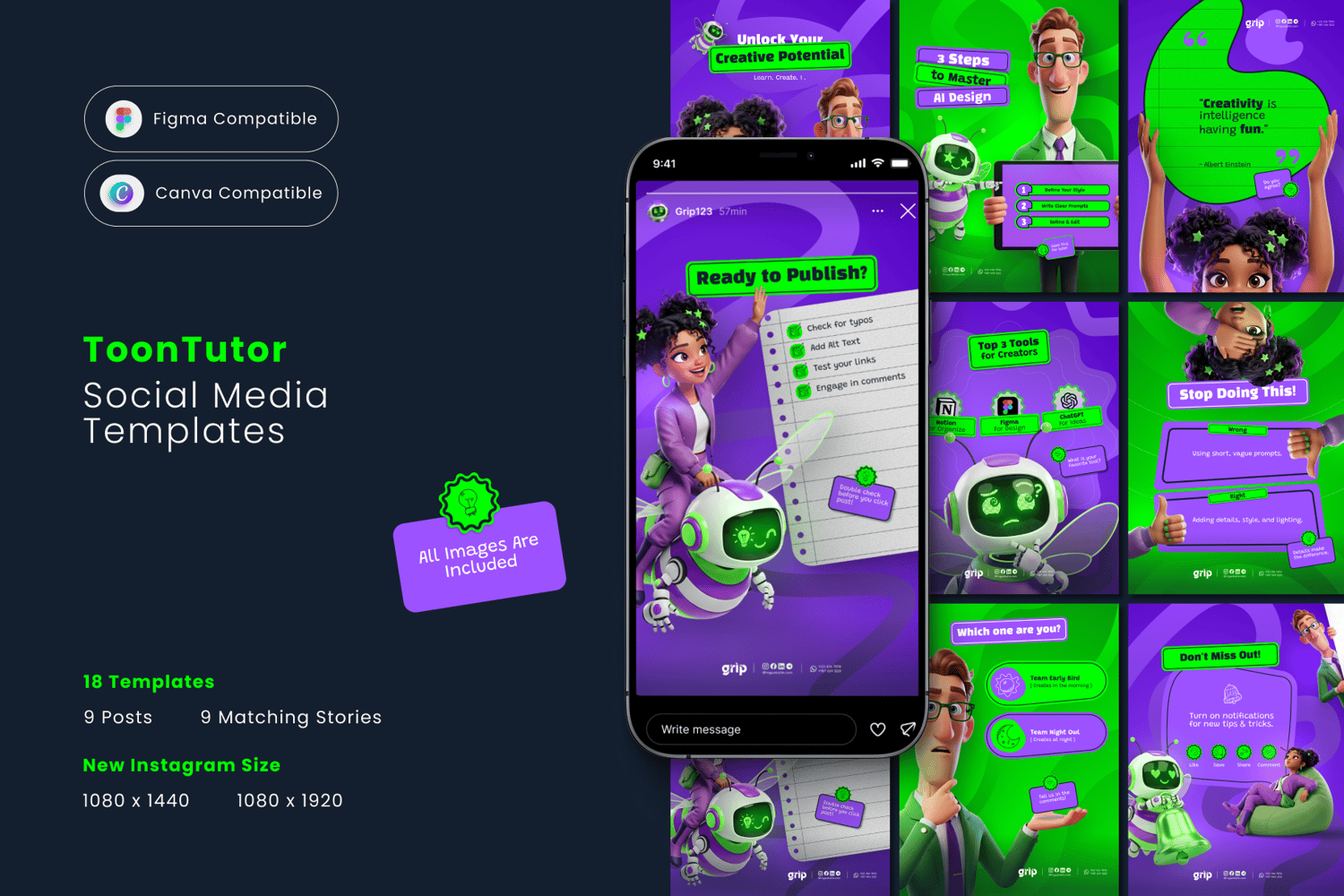 ToonTutor Social Media Kit preview featuring 18 vibrant educational templates for Instagram. The design showcases high-quality 3D Pixar-style characters including a teacher, student, and robot bee in purple and green layouts. Fully editable in Canva and F
