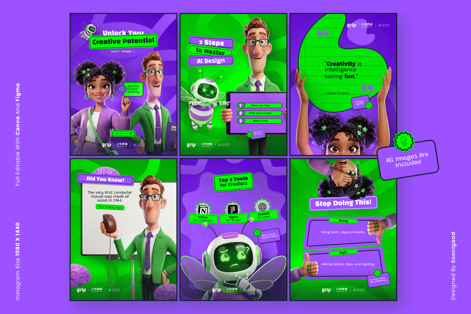 ToonTutor Social Media Kit preview featuring 18 vibrant educational templates for Instagram. The design showcases high-quality 3D Pixar-style characters including a teacher, student, and robot bee in purple and green layouts. Fully editable in Canva and F