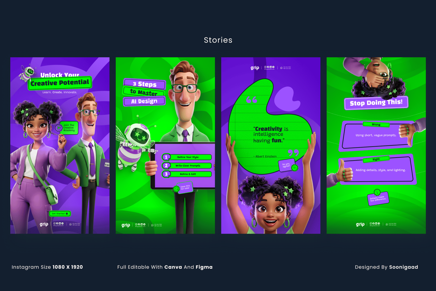 ToonTutor Social Media Kit preview featuring 18 vibrant educational templates for Instagram. The design showcases high-quality 3D Pixar-style characters including a teacher, student, and robot bee in purple and green layouts. Fully editable in Canva and F
