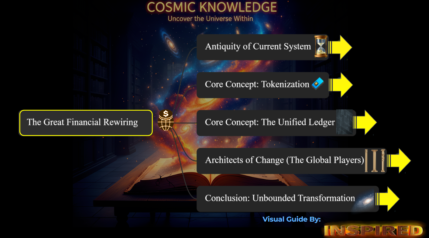 The cover art and interactive mind map for the "Masterclass Guide to The Great Financial Rewiring," showing a flowchart of the key concepts of the new financial system over a cosmic background.