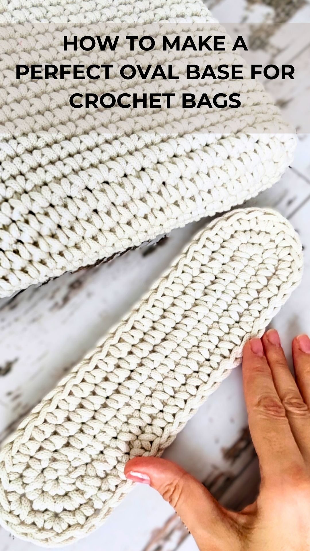 Beginner-friendly crochet oval base for bags made with cotton rope yarn, shown with finished textured handmade tote bag