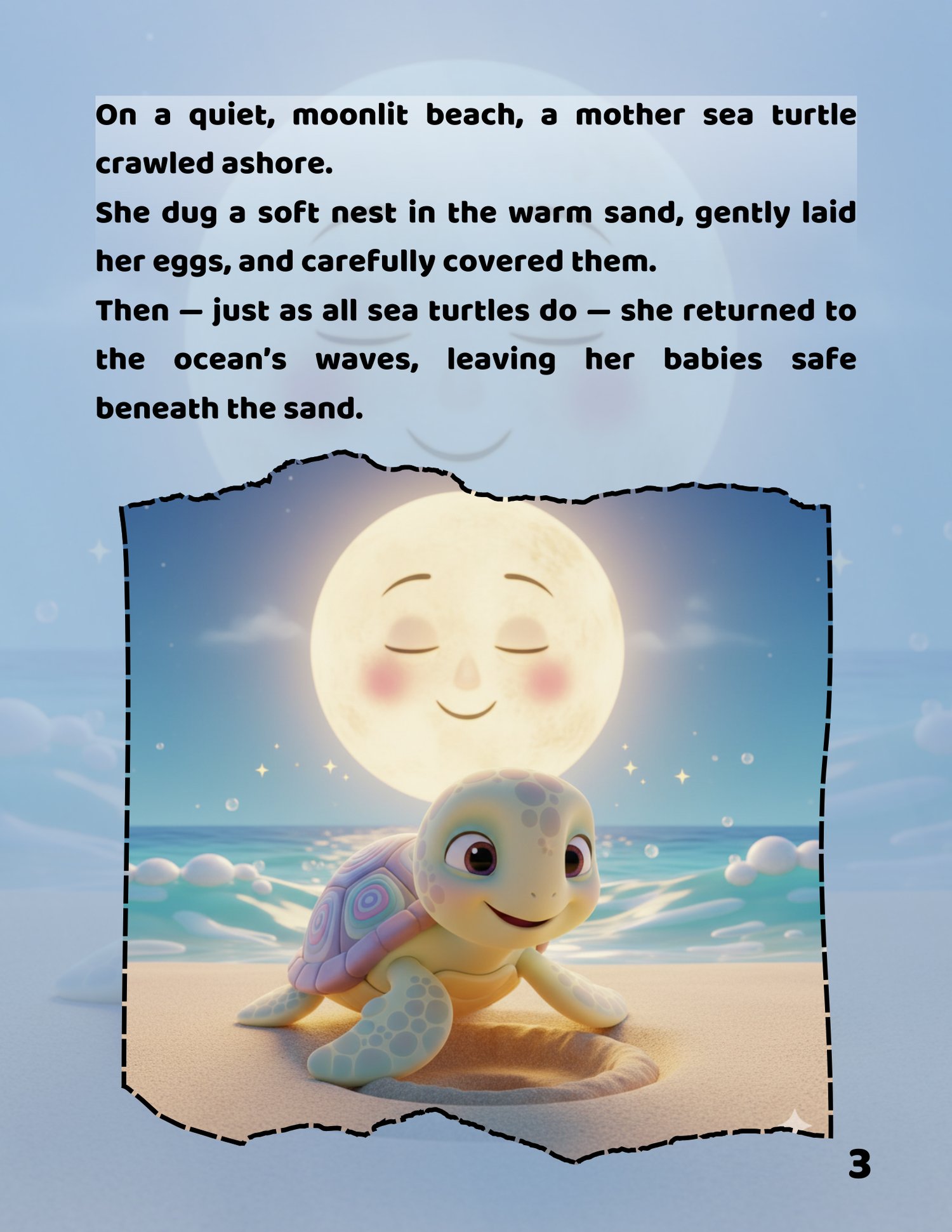 Mother sea turtle on a moonlit beach – illustrated kids story page