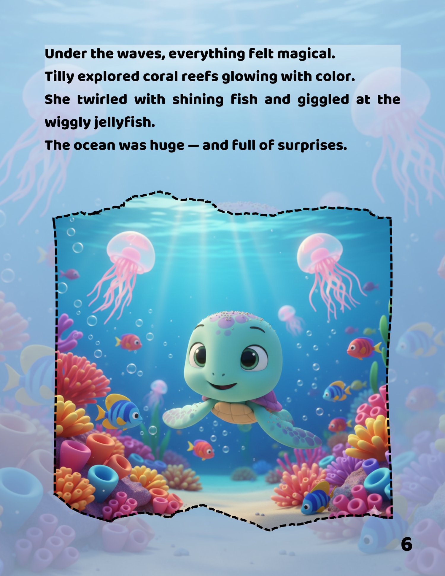 Tilly swimming underwater with colorful coral – picture book illustration