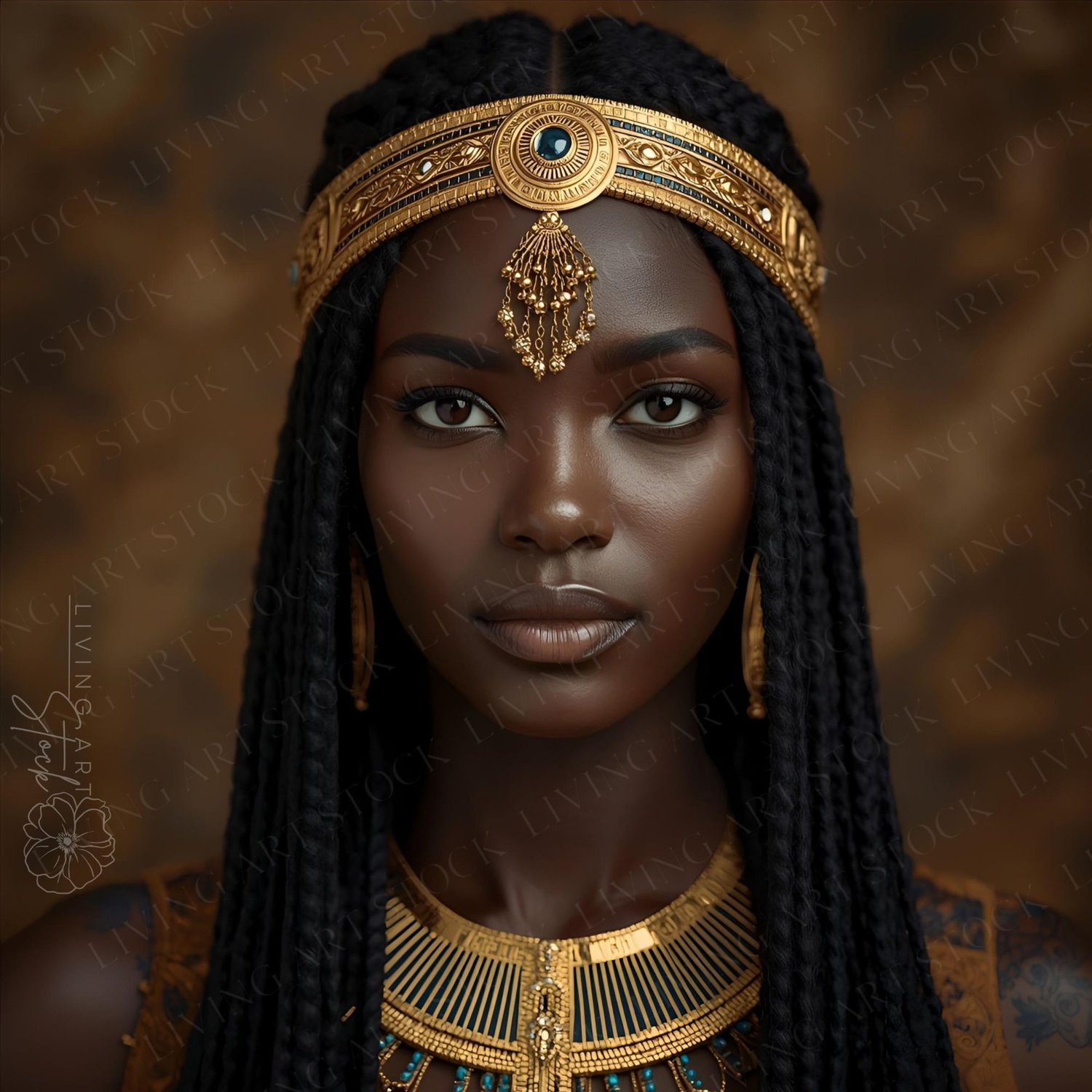 A striking, close-up studio portrait of a young, beautiful woman depicted as an ancient Kushite or Nubian Queen (Kandake/Candace). She possesses deep, dark skin and an intense, direct gaze. Her hair is styled in long, intricate box braids. She is adorned 