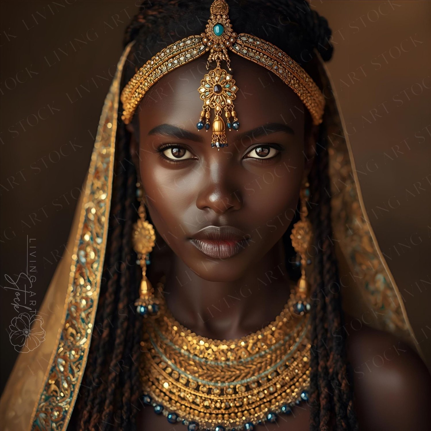 A captivating, high-detail, close-up studio portrait of a young woman embodying an Ancient Nubian Princess/Queen. Her eyes are intensely focused on the viewer, conveying strength and allure. She has rich, dark skin and her hair is intricately styled in lo