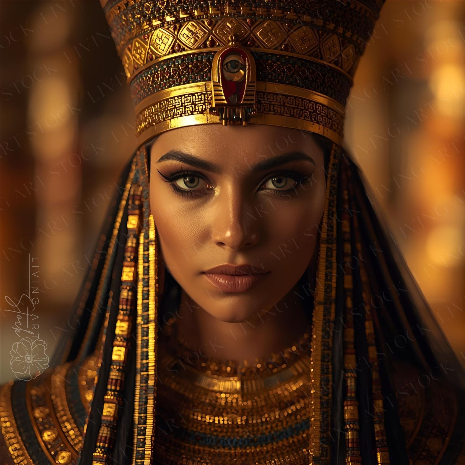 A striking, close-up portrait of a woman depicted as an Ancient Egyptian Queen (Pharaoh, possibly inspired by Cleopatra or Nefertiti). She wears elaborate gold and lapis lazuli regalia, including a towering pharaonic crown adorned with hieroglyphic patter