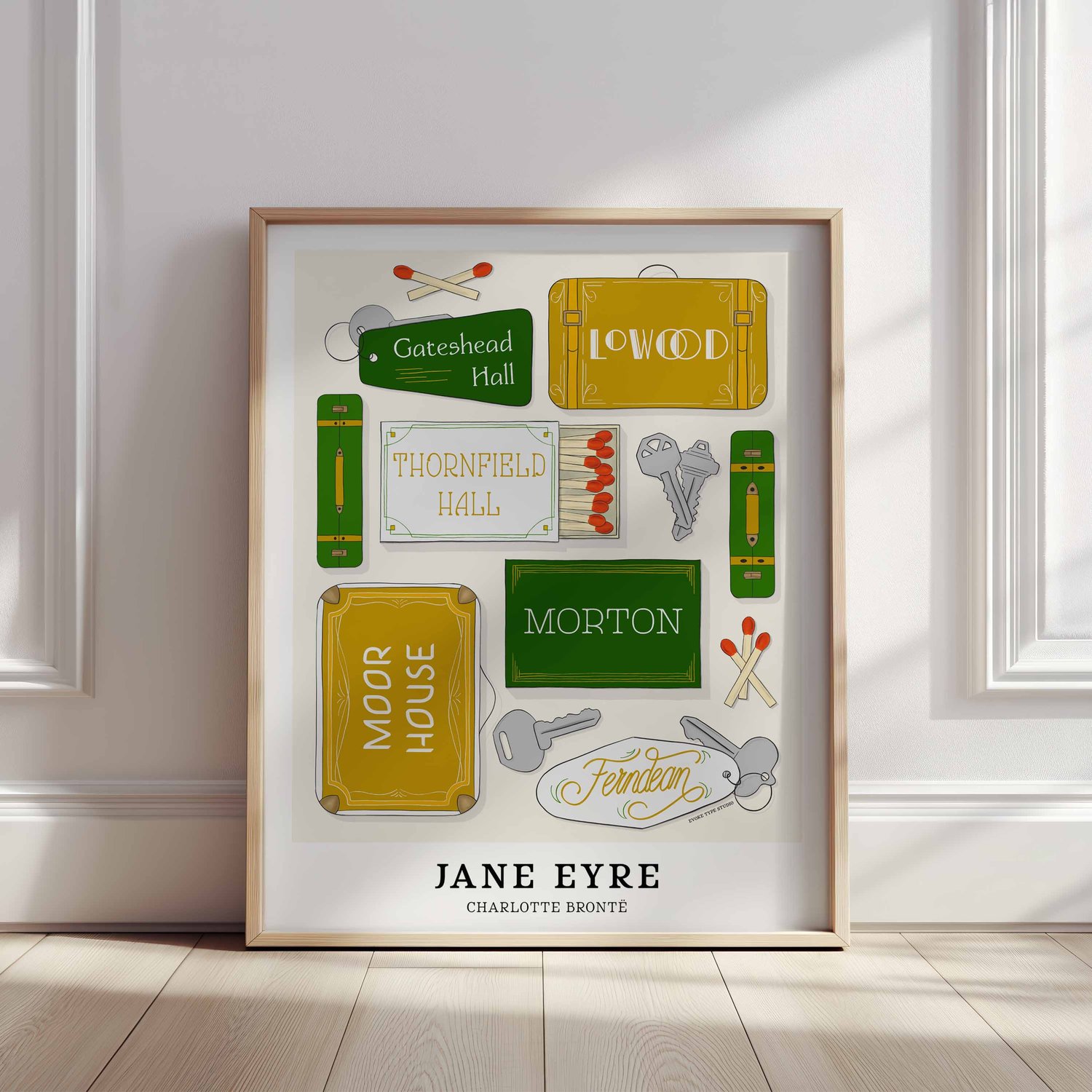 Typography-focused literary art print with hand-lettered names of Jane Eyre locations