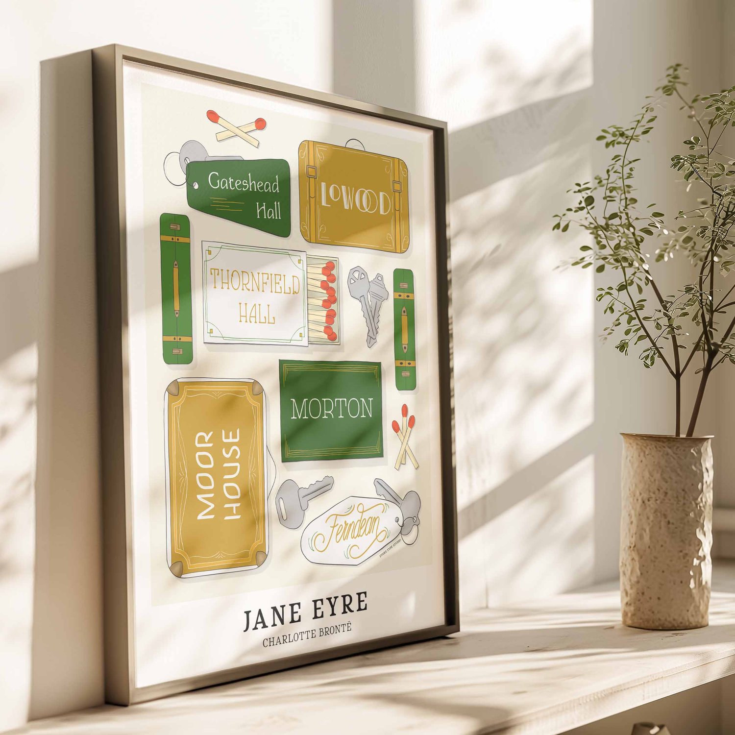 Hand-lettered Jane Eyre art print celebrating key locations from the classic novel