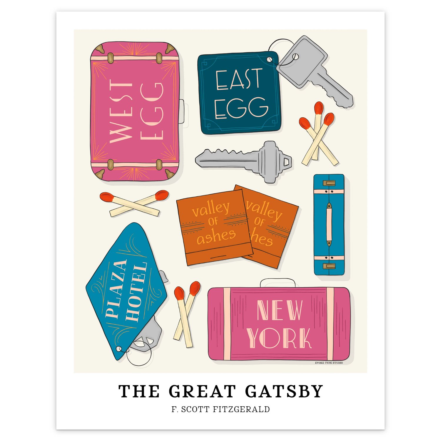 Literary wall art highlighting story locations from F. Scott Fitzgerald’s The Great Gatsby in bold, bright tones