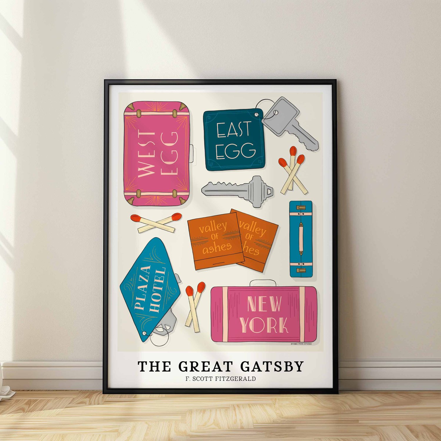 Literary wall art highlighting story locations from F. Scott Fitzgerald’s The Great Gatsby in bold, bright tones