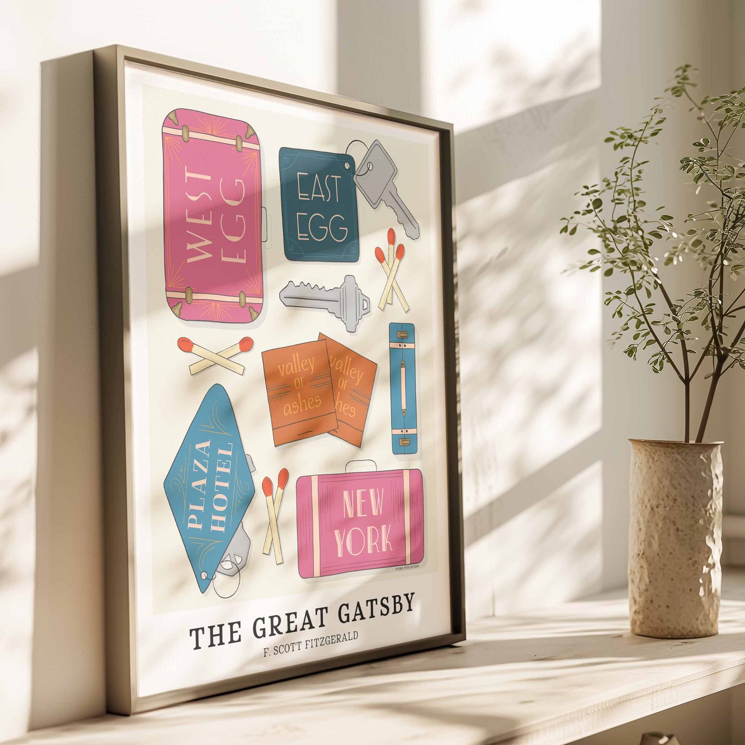 Hand-drawn Great Gatsby art print featuring five locations from the novel in bright blues, pinks, and oranges