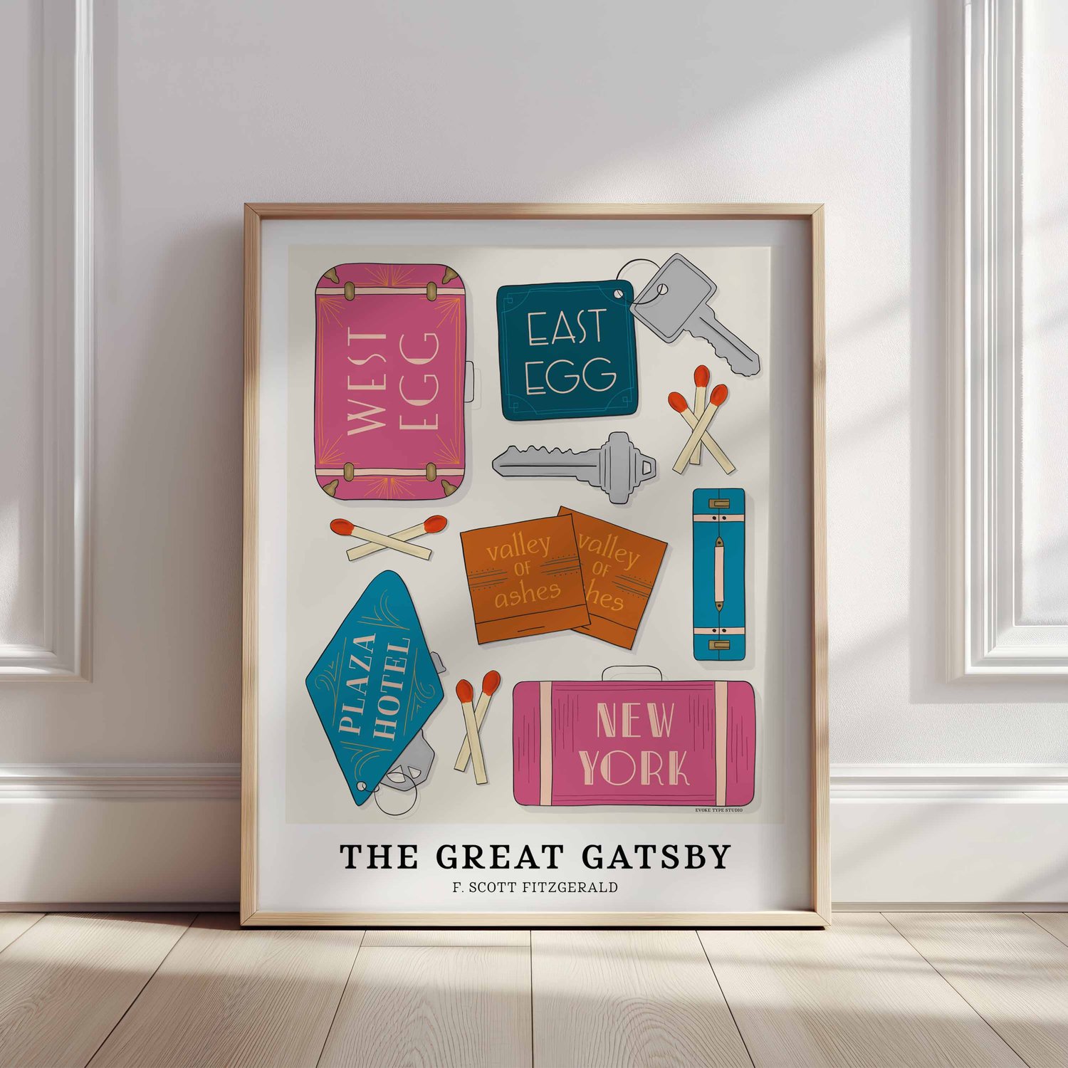 Illustrated Great Gatsby print with expressive hand-drawn lettering and vibrant Roaring Twenties colors