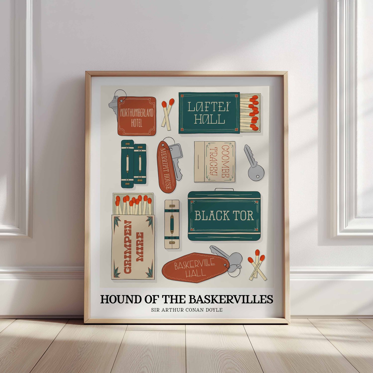 Hand-lettered Hound of the Baskervilles art print celebrating key locations from the classic mystery novel