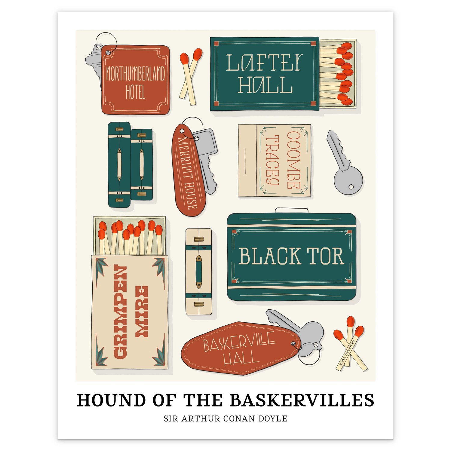 Hand-lettered Hound of the Baskervilles art print celebrating key locations from the classic mystery novel