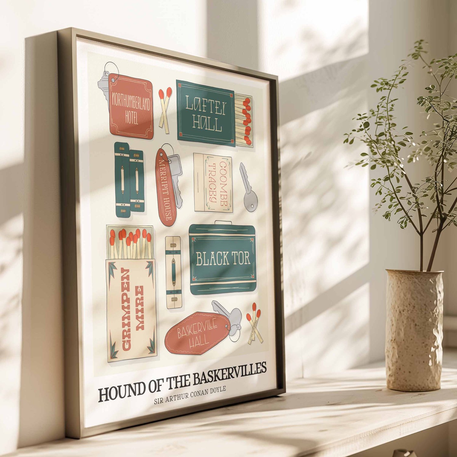 Hand-drawn Hound of the Baskervilles art print featuring seven locations from the novel in earthy green and orange tones