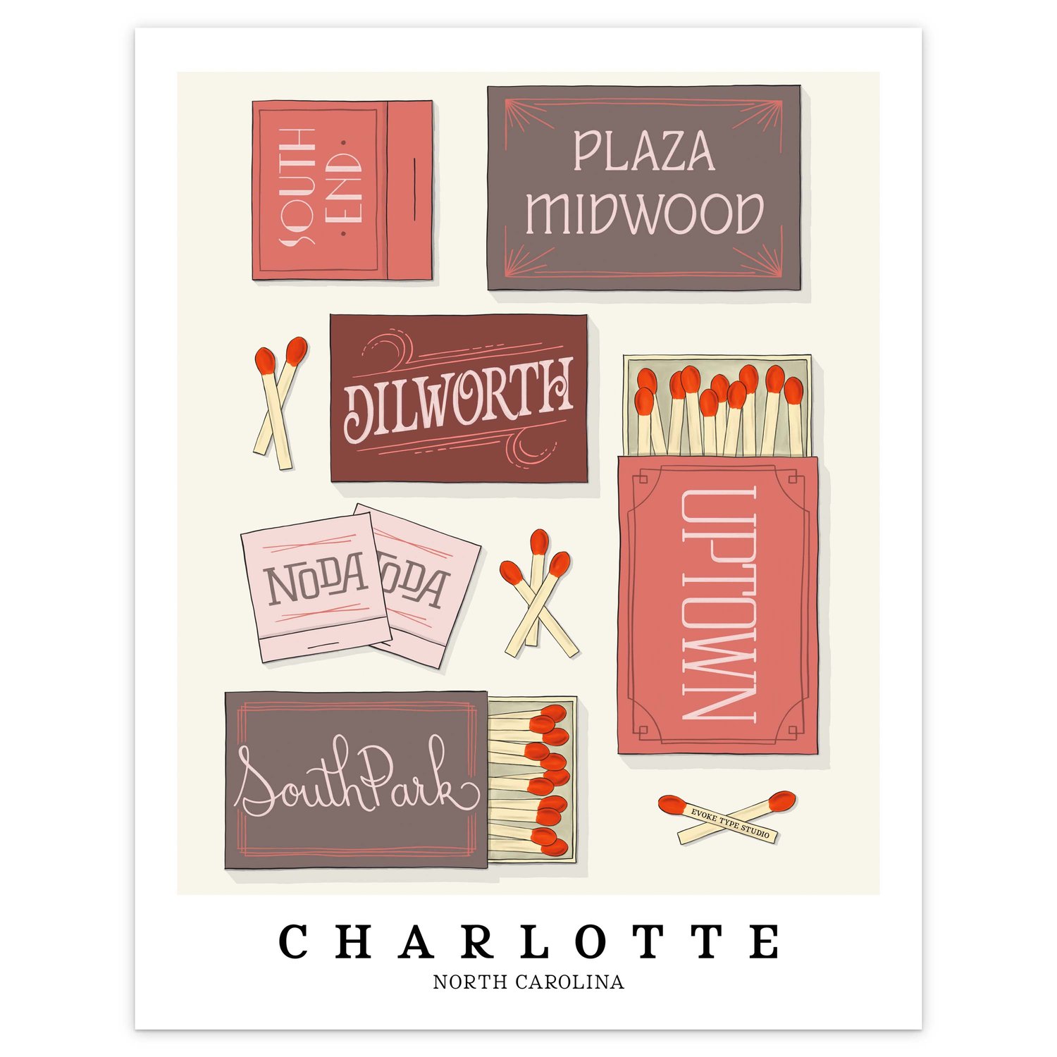Charlotte neighborhood matchbox art print with elegant hand-lettered typography in the Dusty Rose color palette
