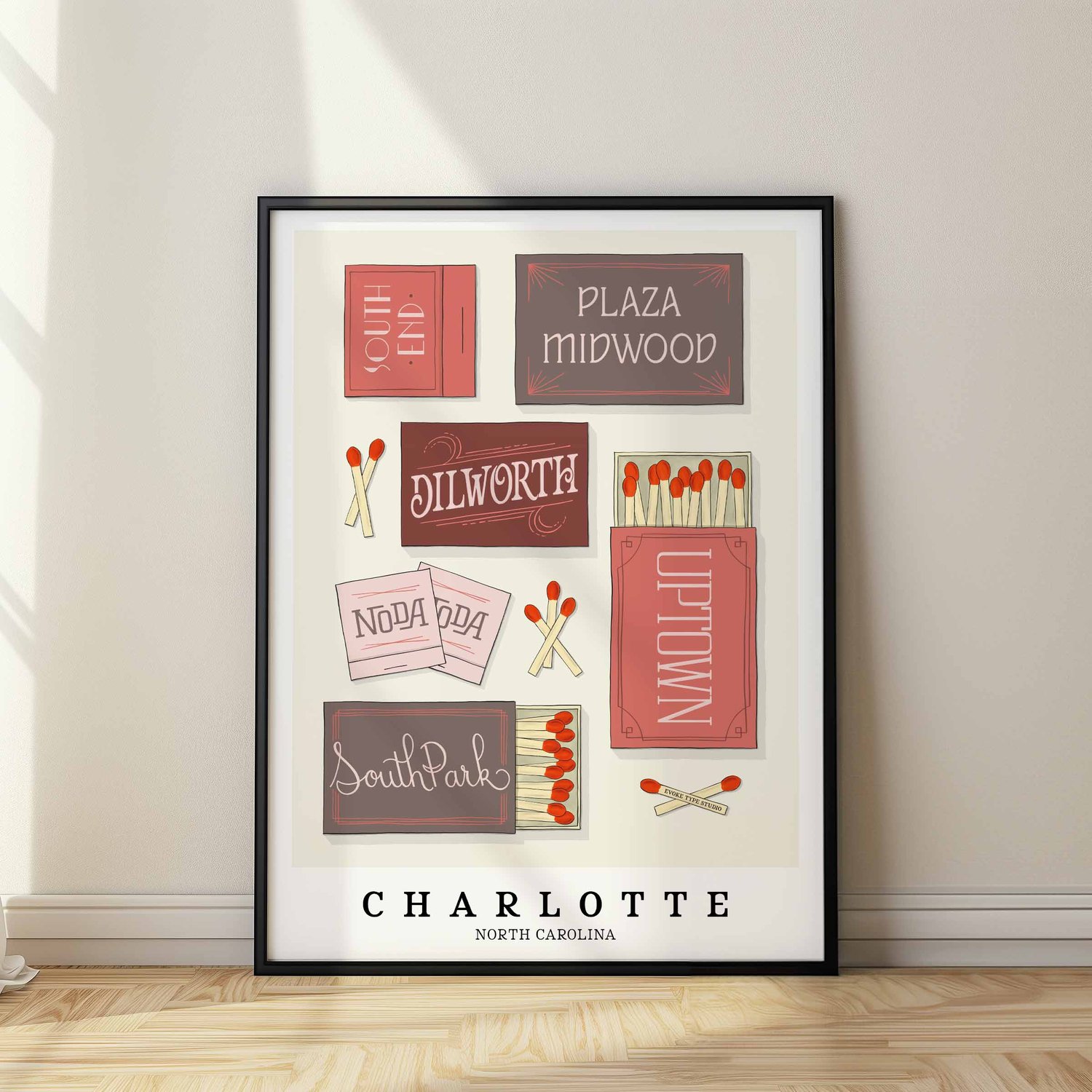 Charlotte neighborhood matchbox art print with elegant hand-lettered typography in the Dusty Rose color palette