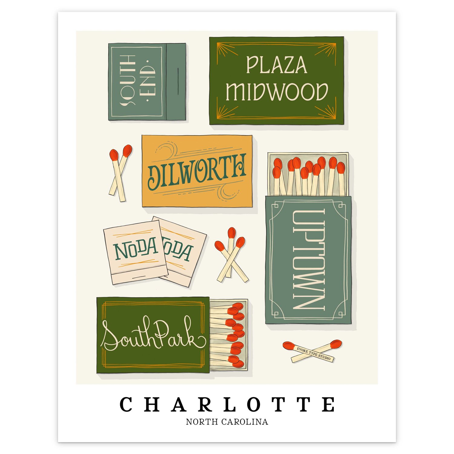 Charlotte neighborhood matchbox art print with playful hand-lettered typography in the Nature Walk color palette