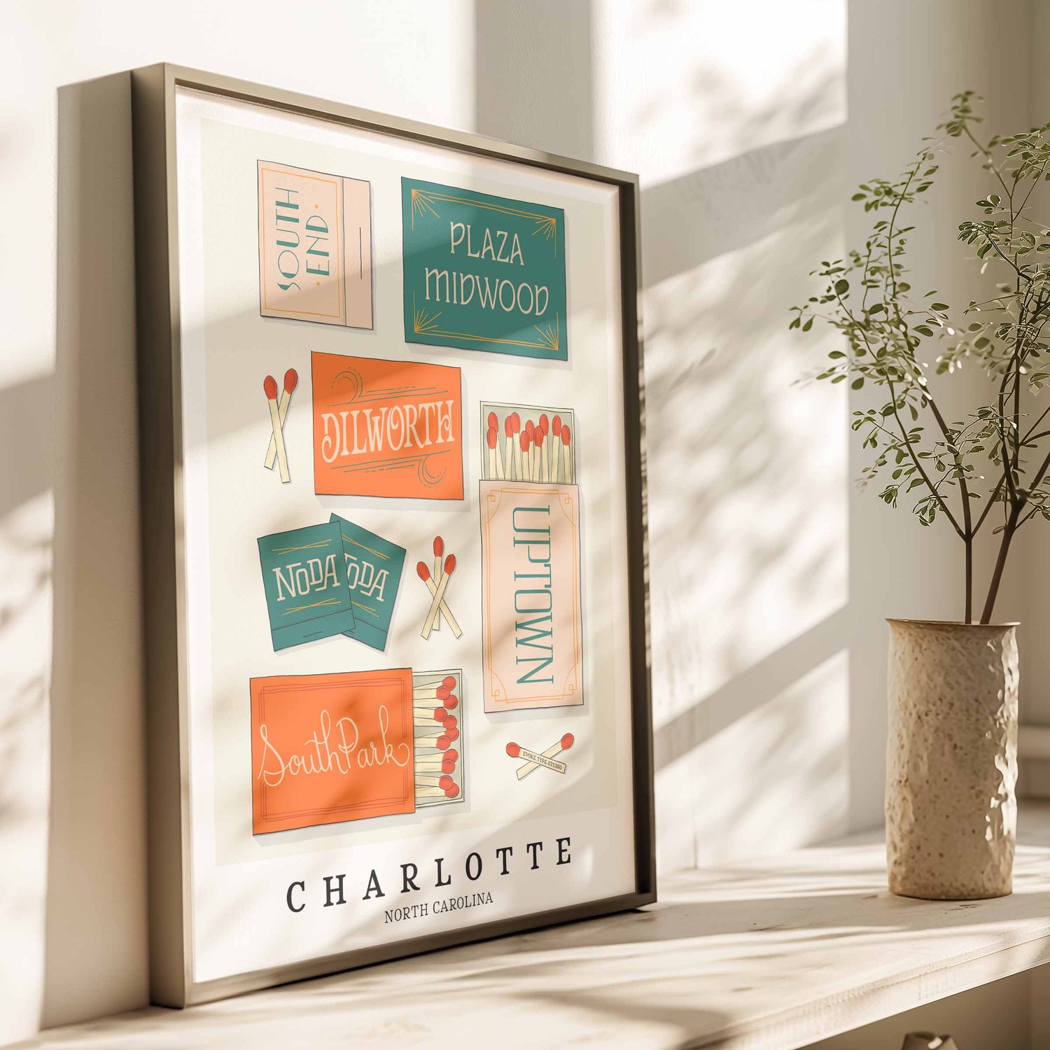 Charlotte neighborhood matchbox art print with bold, hand-lettered typography in the Retro Feels color palette