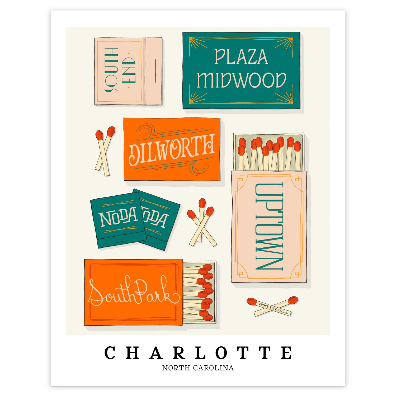 Hand-drawn Charlotte matchbox wall art featuring custom lettering in bright blue and orange tones