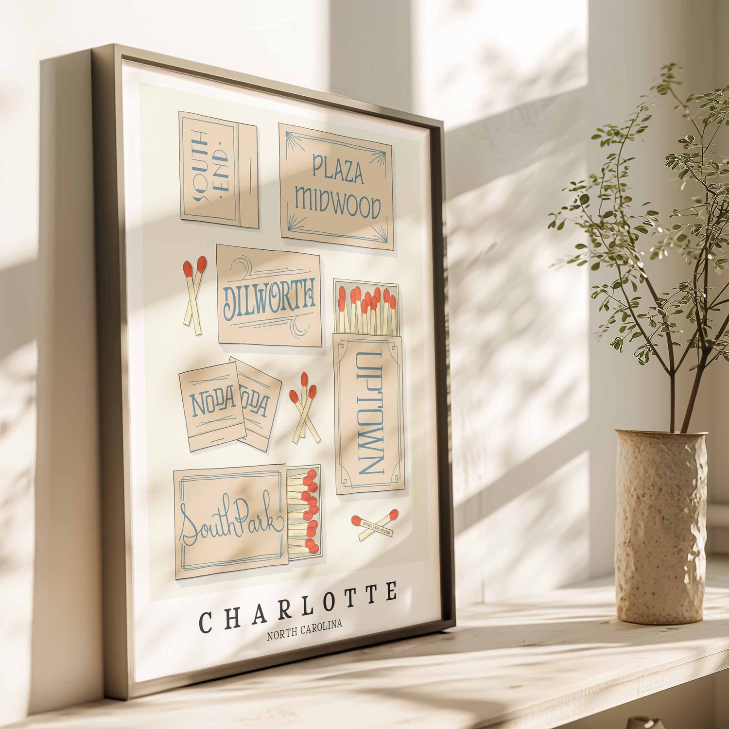 Charlotte Neighborhoods Matchbox Art Print - Sand and Sea