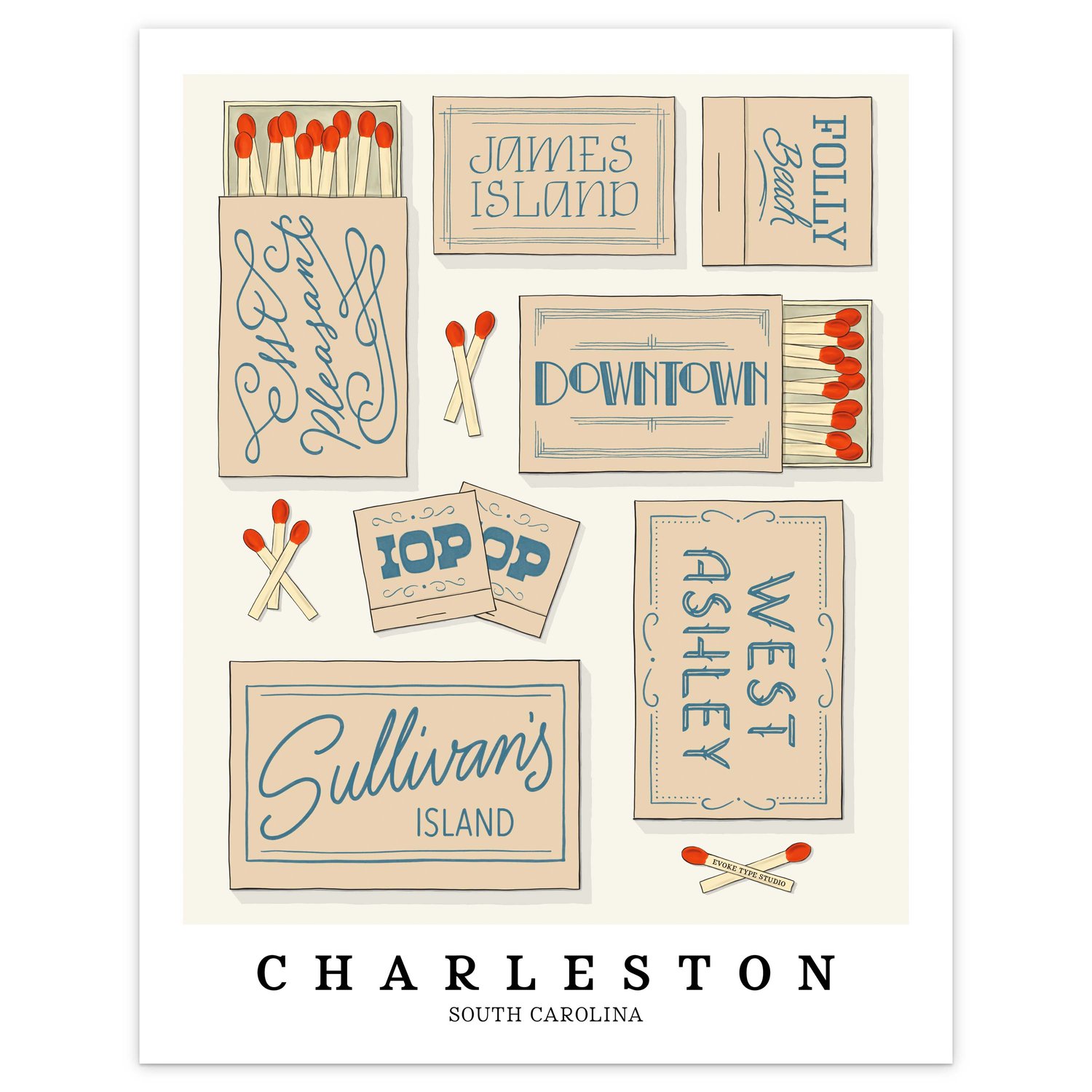 Hand-drawn Charleston matchbox wall art featuring custom lettering in calming beige and blue tones