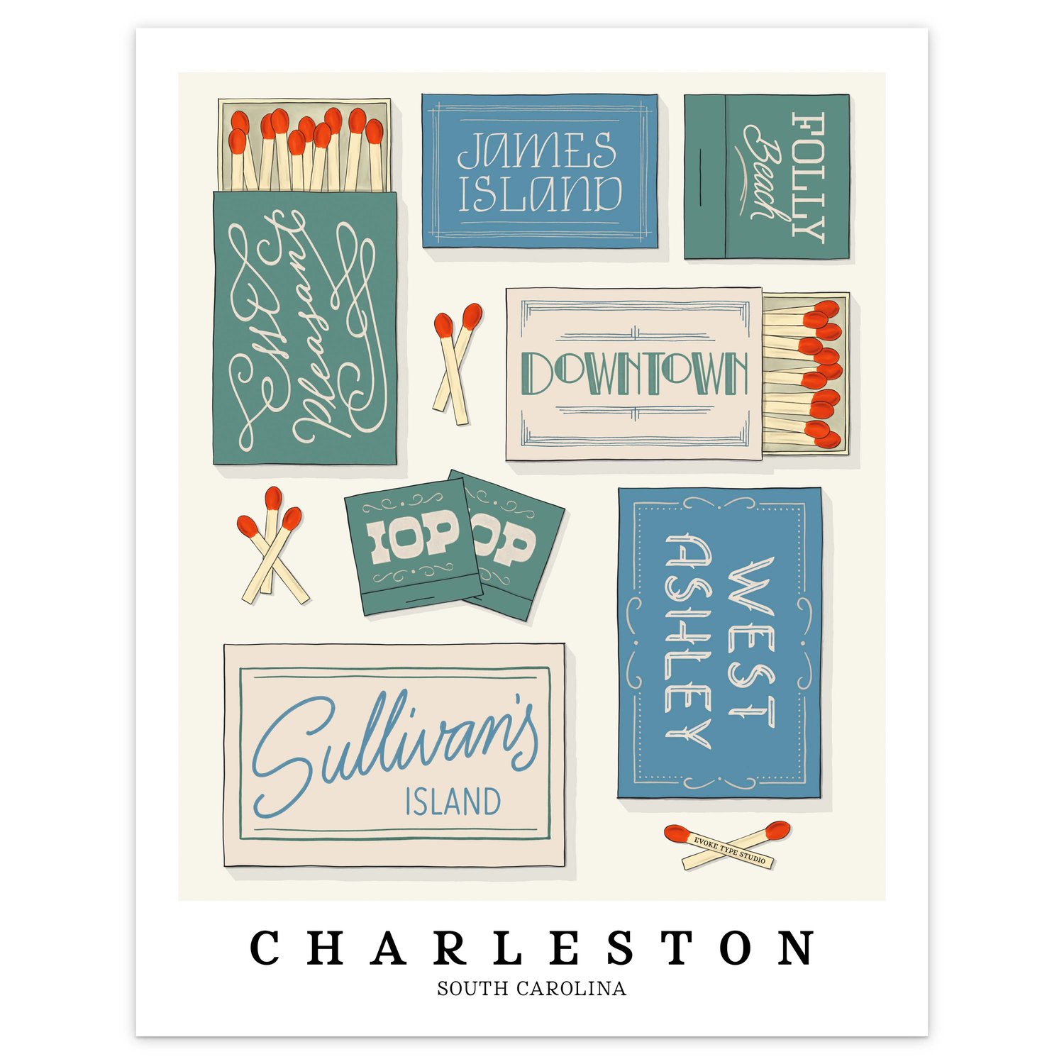 Charleston neighborhood matchbox art print with custom lettering and a relaxed coastal Beachside color palette