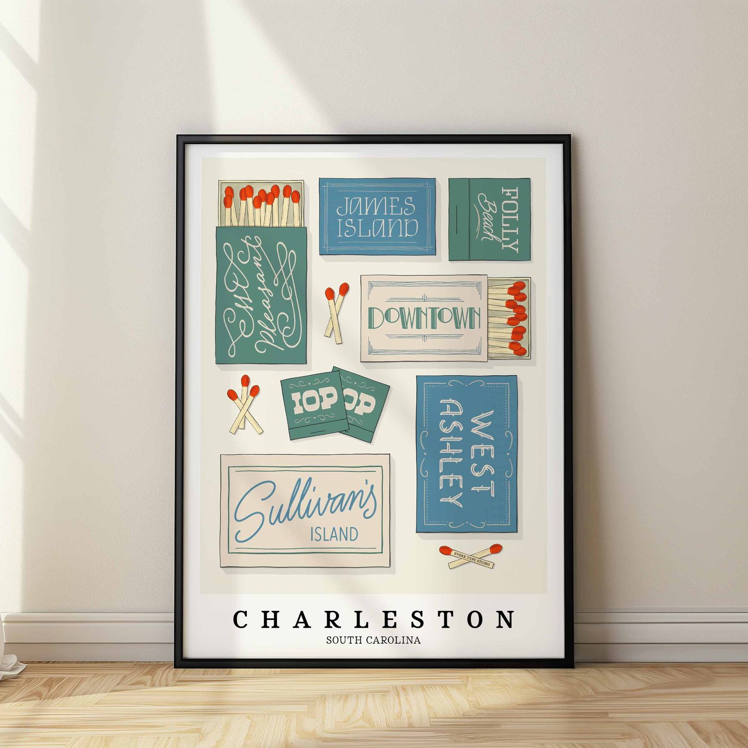 Charleston neighborhood matchbox art print with custom lettering and a relaxed coastal Beachside color palette
