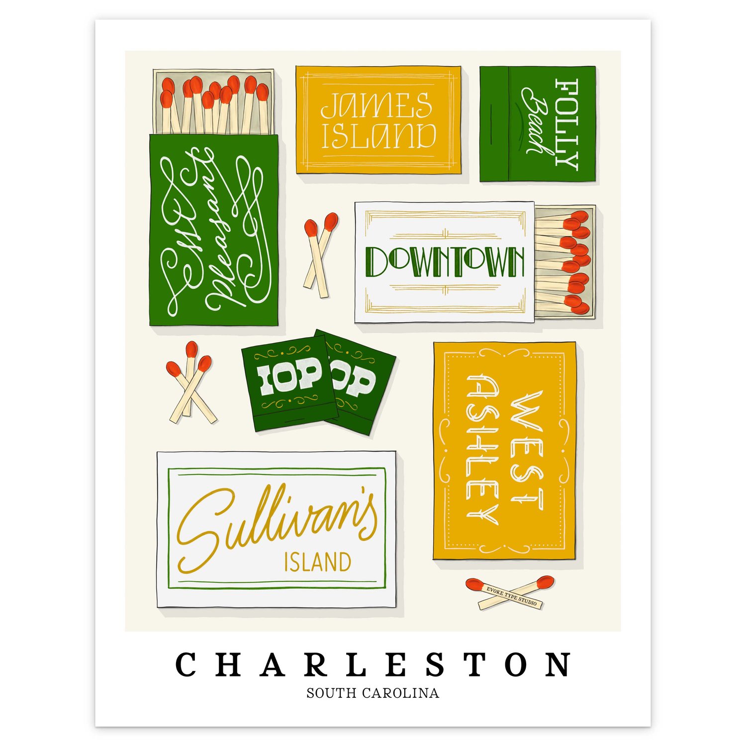 Hand-drawn Charleston matchbox wall art featuring custom lettering in white, green, and yellow tones