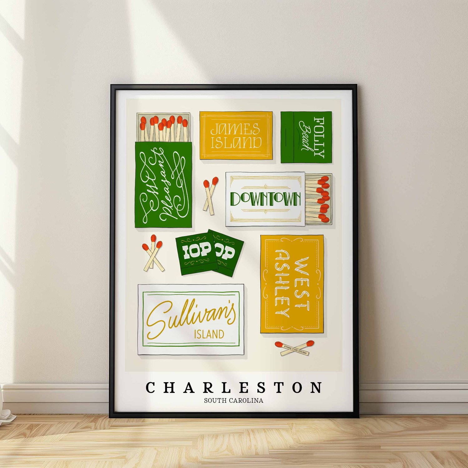 Hand-drawn Charleston matchbox wall art featuring custom lettering in white, green, and yellow tones