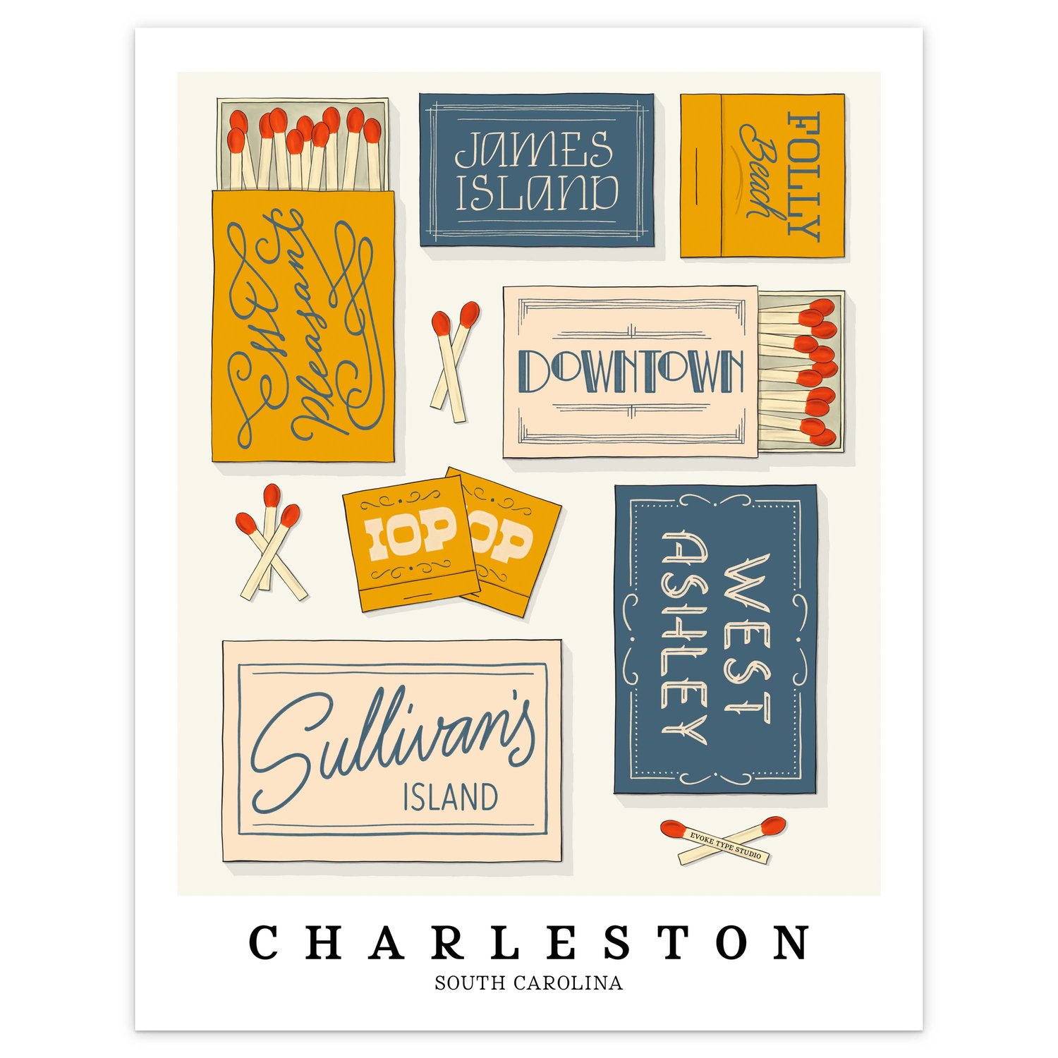 Charleston neighborhood matchbox art print with hand-lettered typography in a color palette of warm blues, yellows, and beige tones