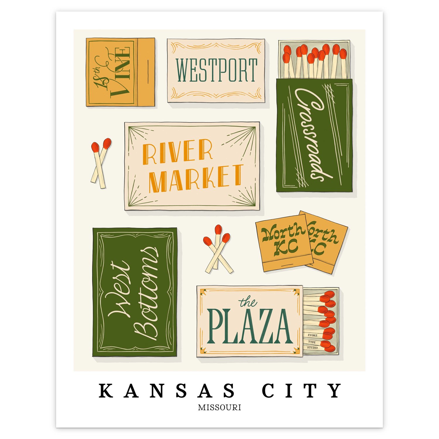 Kansas City neighborhood matchbox art print with playful hand-lettered typography in the Nature Walk color palette
