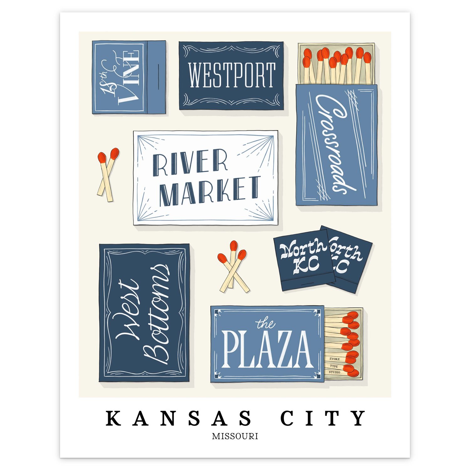 Kansas City neighborhood matchbox art print with soothing hand-lettered typography in the Blue Skies color palette