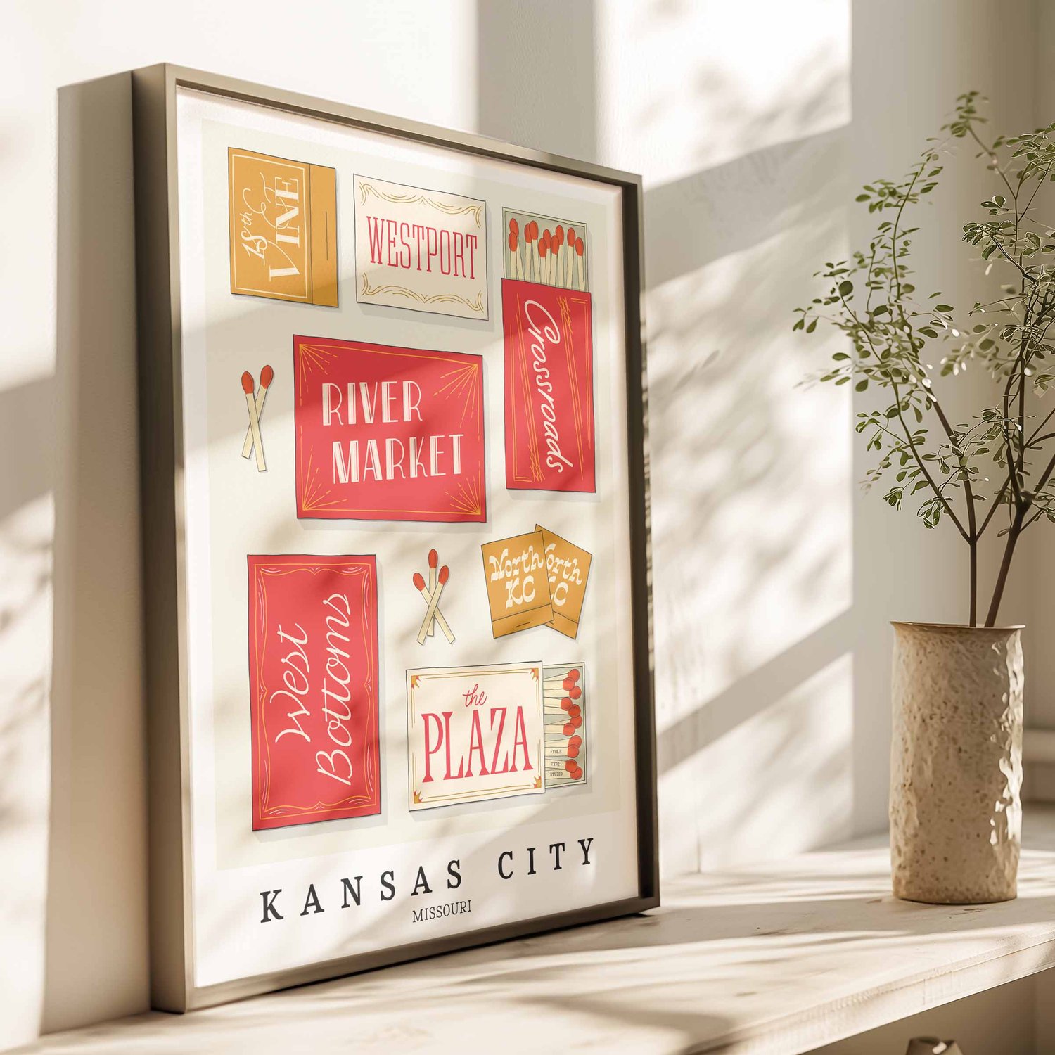Kansas City neighborhood matchbox art print with bold hand-lettered typography in the Red Flare color palette