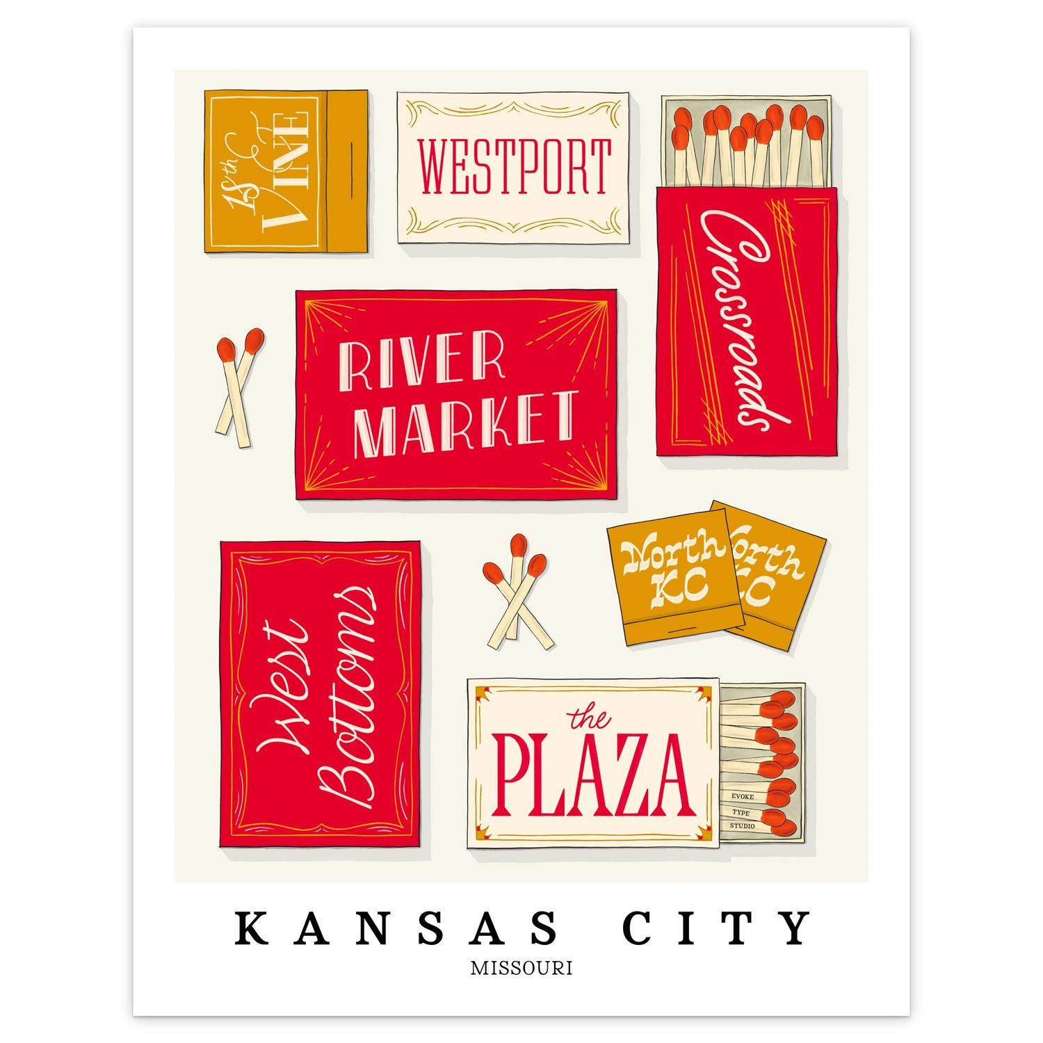 Hand-drawn Kansas City matchbox wall art featuring custom lettering in red, gold, and white tones