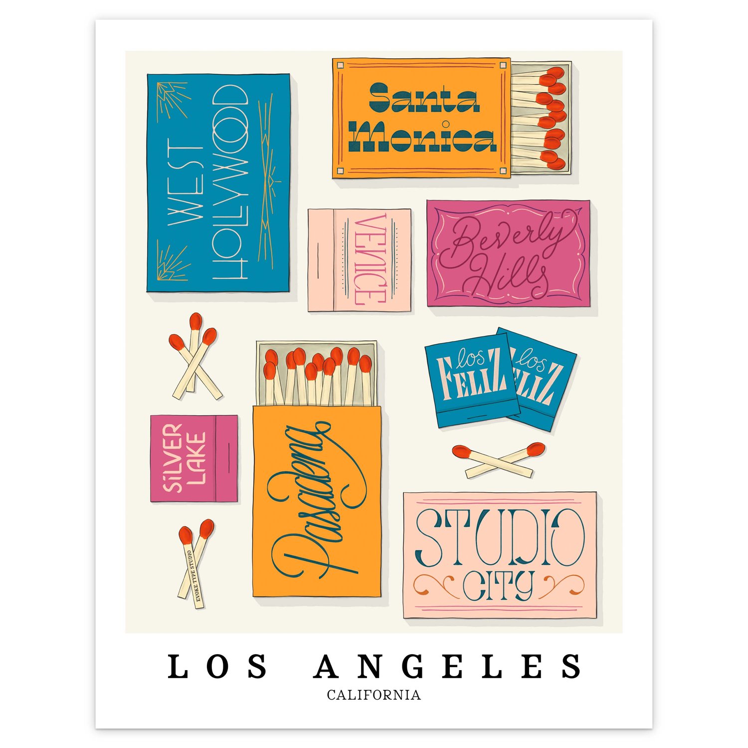 Los Angeles neighborhood matchbox art print with playful hand-lettered typography in the Bold and Bright color palette