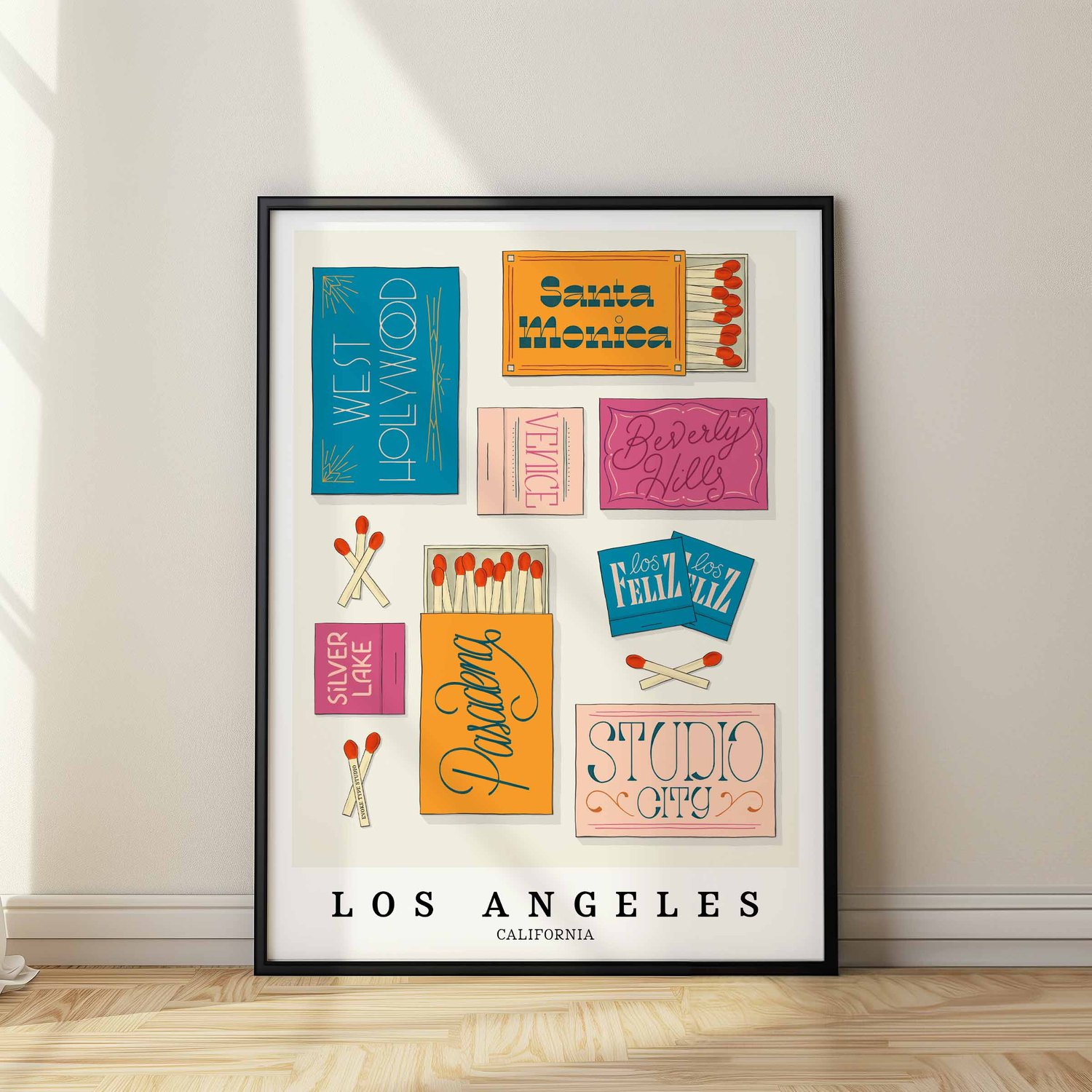 Los Angeles neighborhood matchbox art print with playful hand-lettered typography in the Bold and Bright color palette