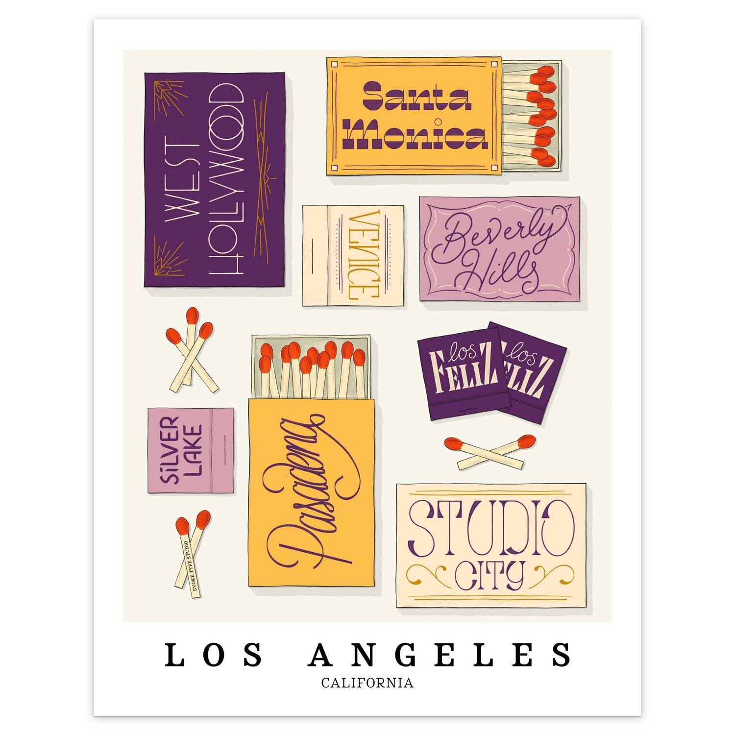 Los Angeles neighborhood matchbox art print with playful hand-lettered typography in the Purple Haze color palette