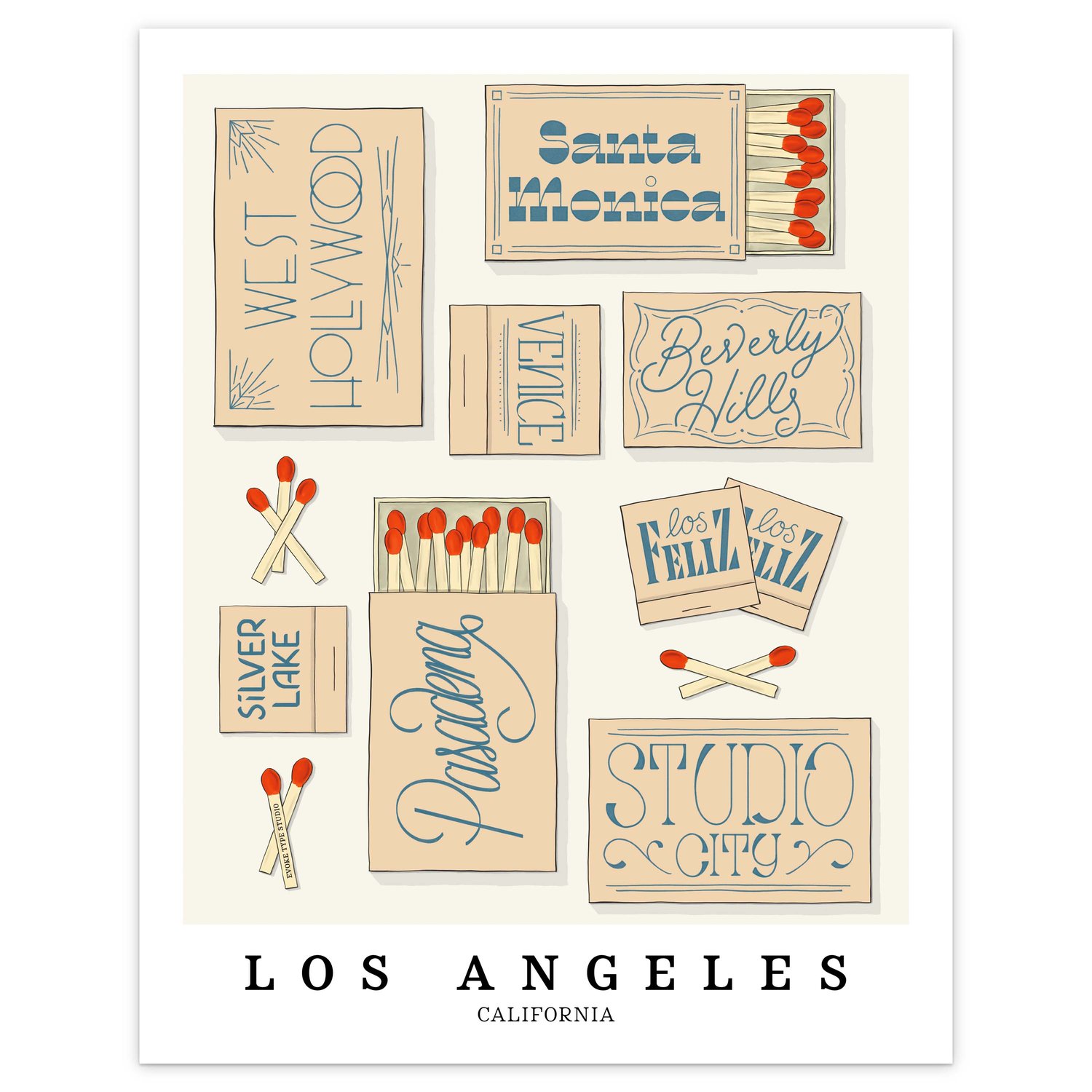 Los Angeles neighborhood matchbox art print with hand-lettered typography in the Sand & Sea color palette