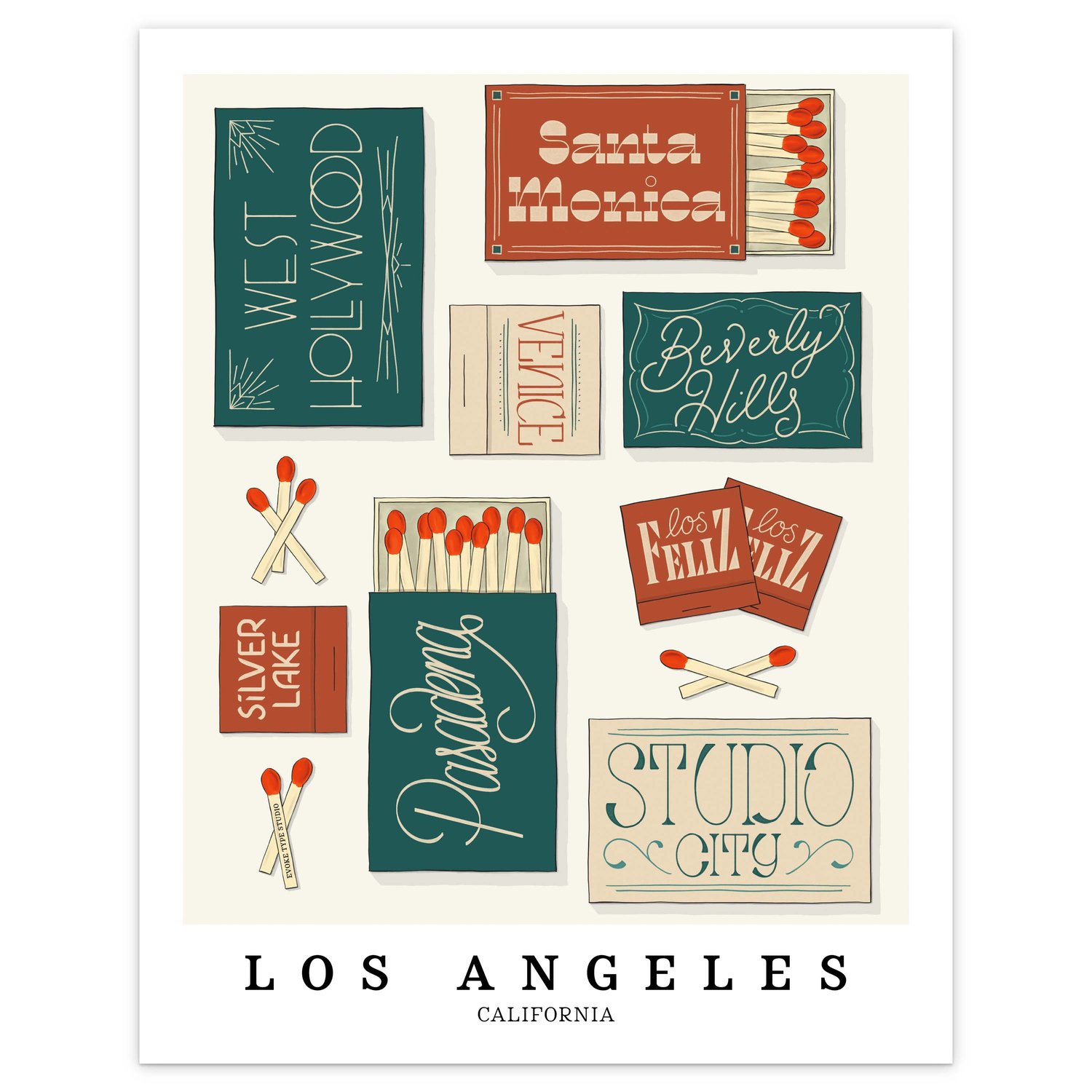 Los Angeles neighborhood matchbox art print with warm, hand-lettered typography in the Vintage Vibes color palette