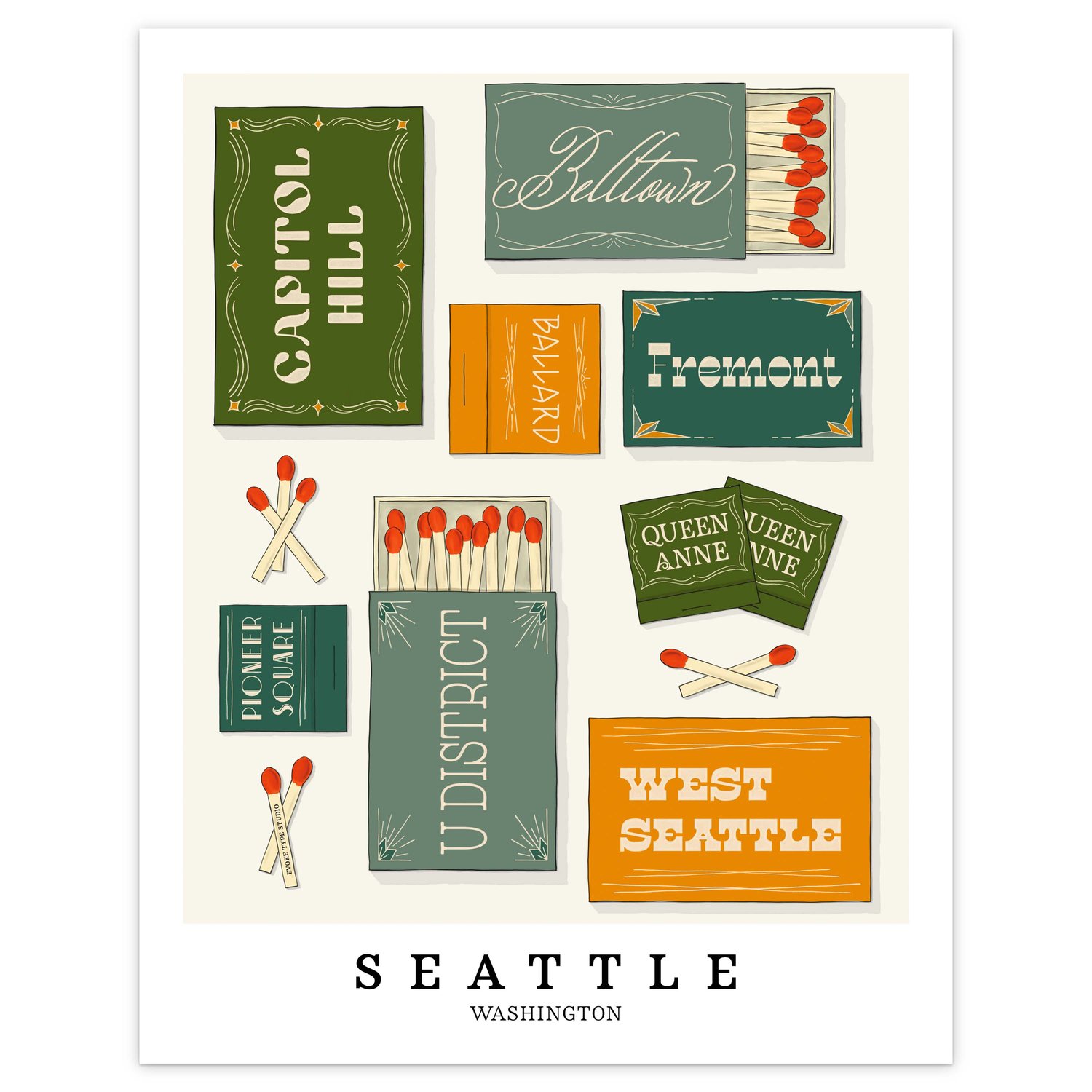 Seattle neighborhood matchbox art print with playful hand-lettered typography in the Nature Walk color palette