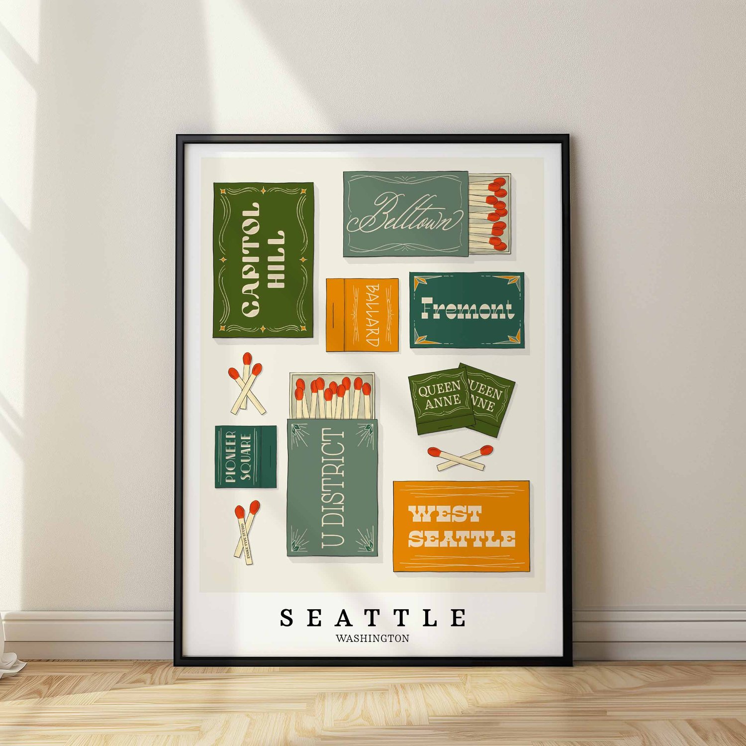 Seattle neighborhood matchbox art print with playful hand-lettered typography in the Nature Walk color palette