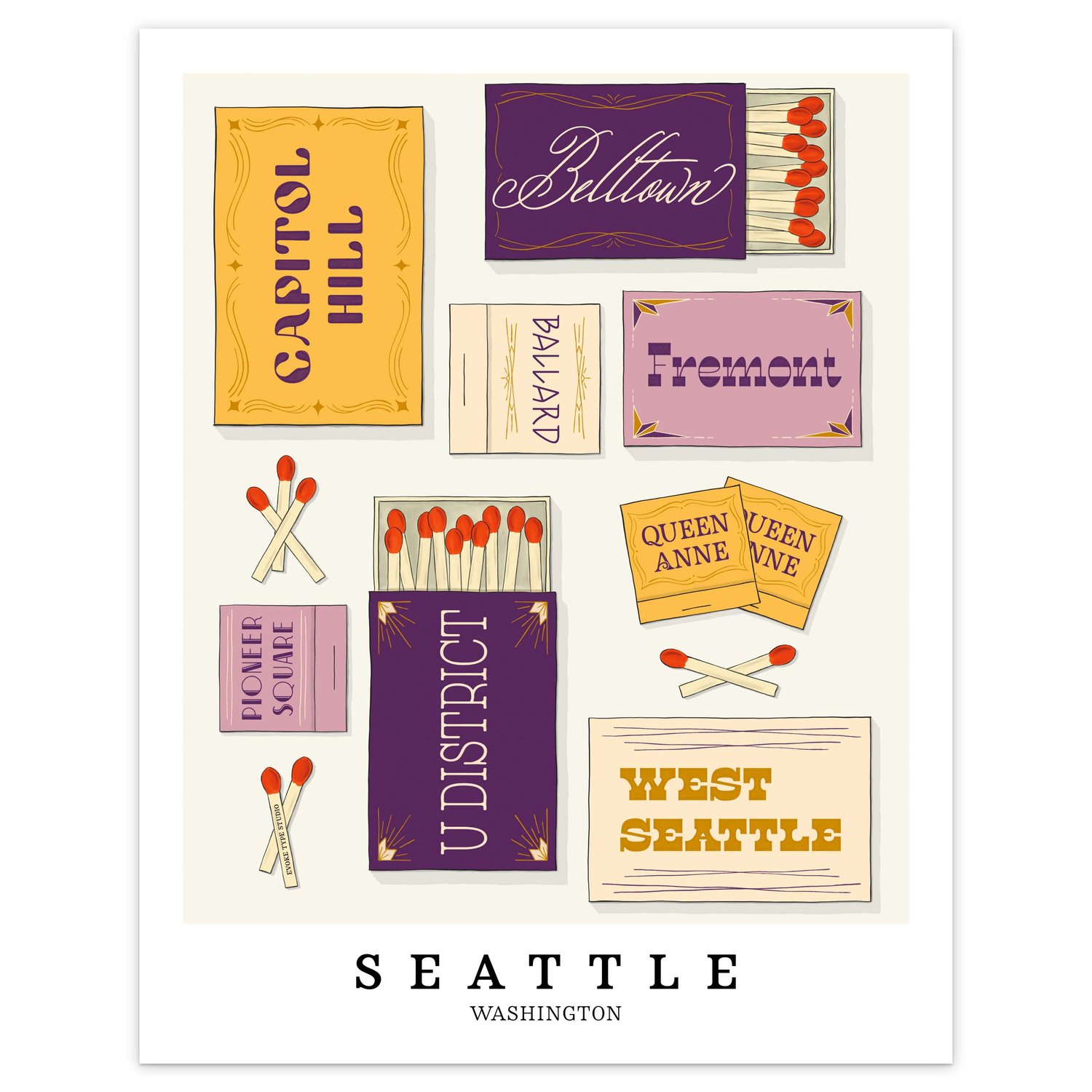 Seattle neighborhood matchbox art print with playful hand-lettered typography in the Purple Haze color palette