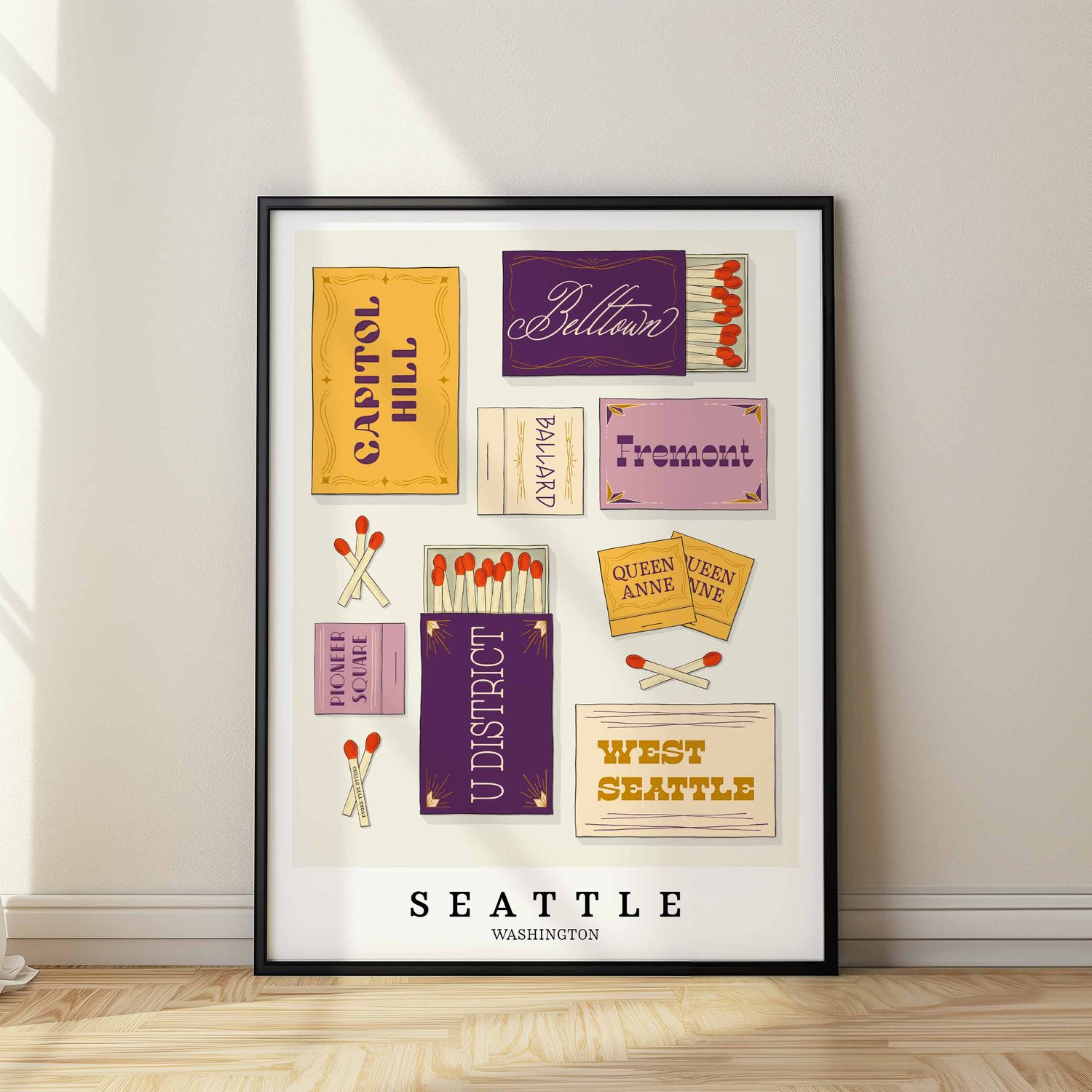 Seattle neighborhood matchbox art print with playful hand-lettered typography in the Purple Haze color palette