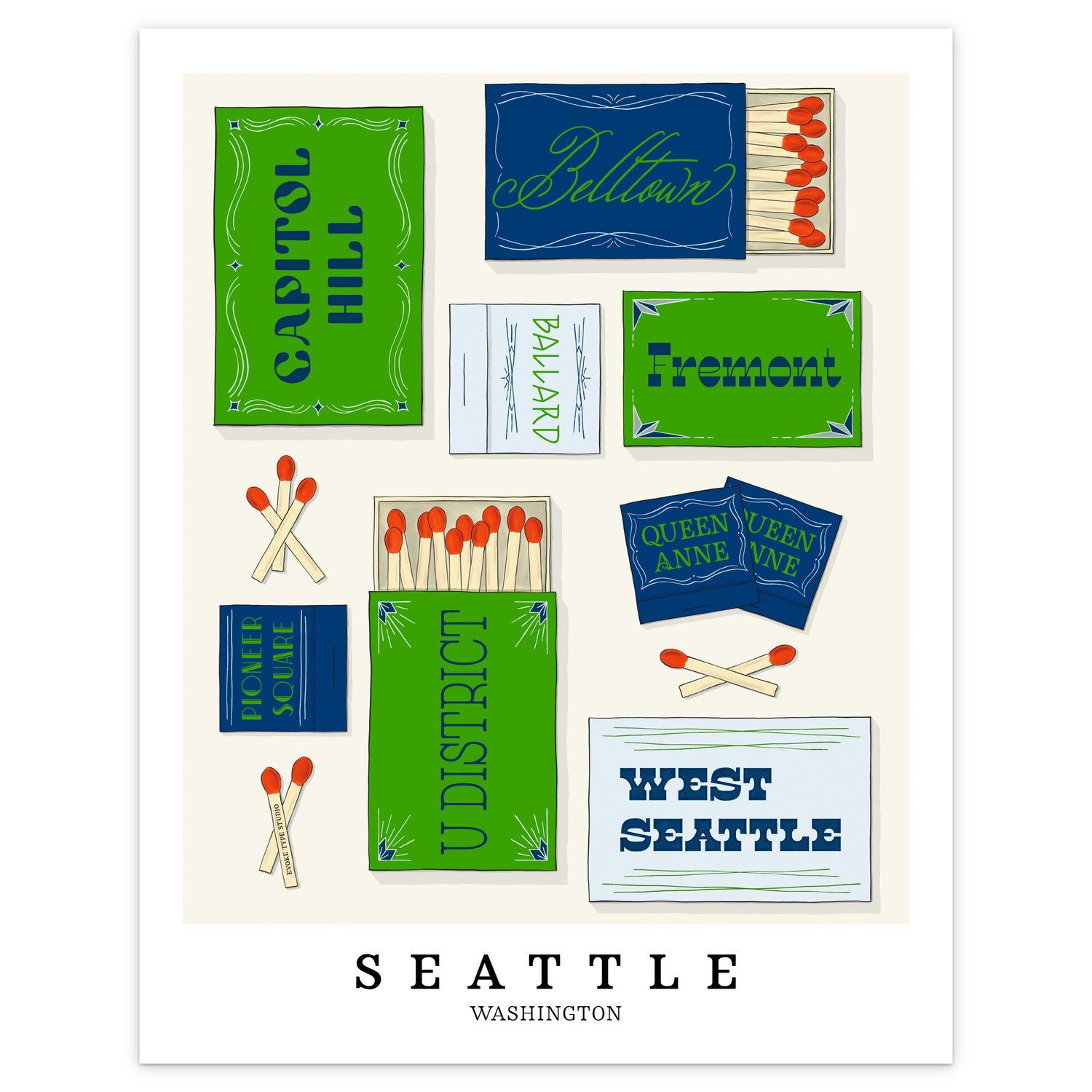 Seattle neighborhood matchbox art print with hand-lettered typography in the Electric Seaboard color palette