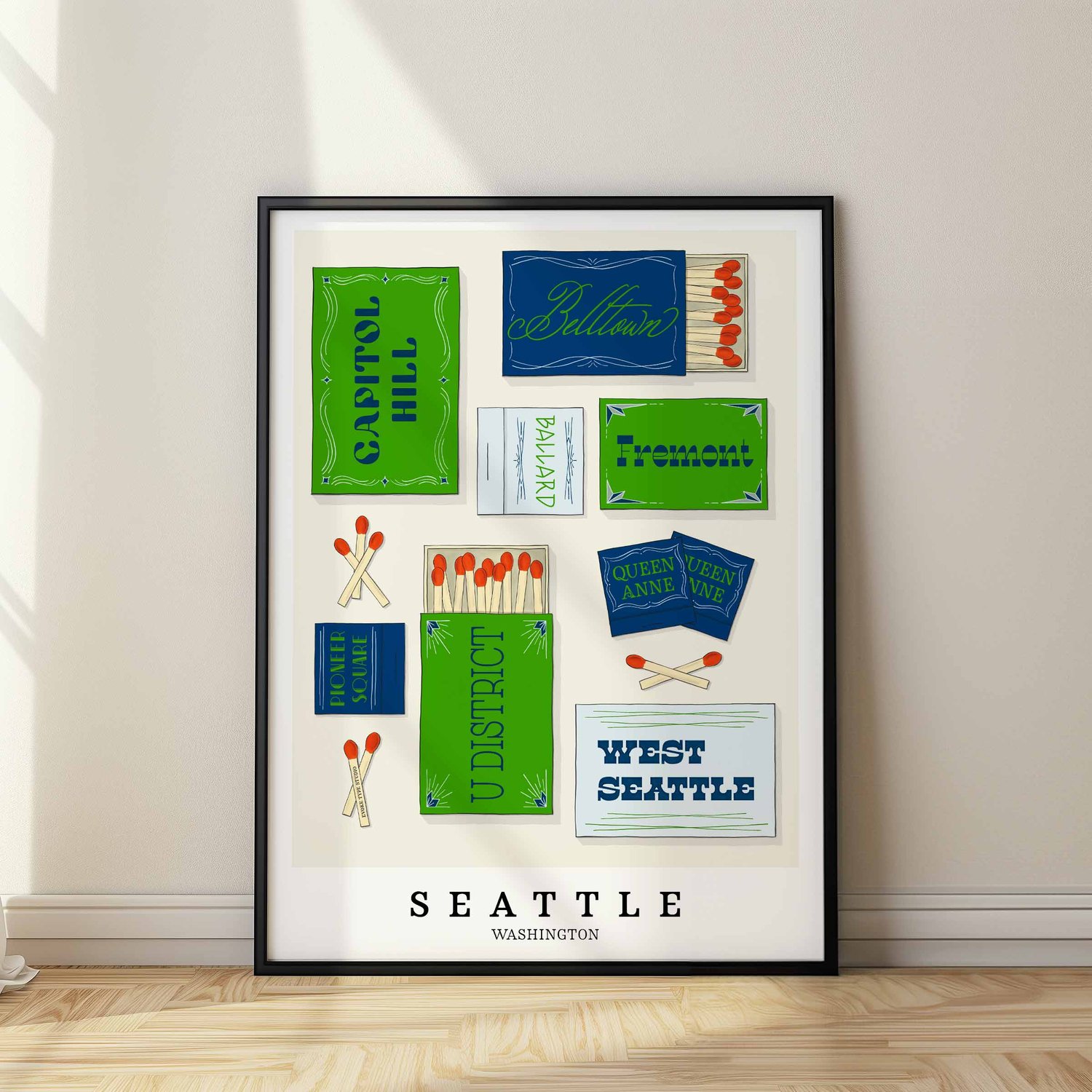 Seattle neighborhood matchbox art print with hand-lettered typography in the Electric Seaboard color palette