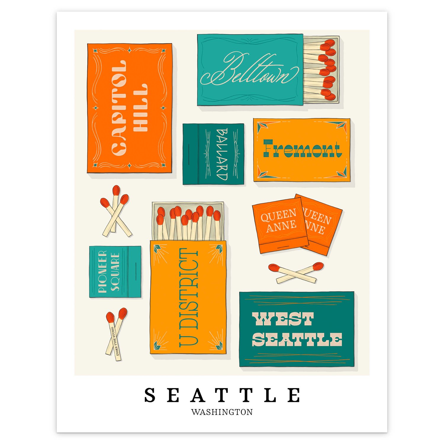 Seattle neighborhood matchbox art print with playful hand-lettered typography in the Retro Feels color palette