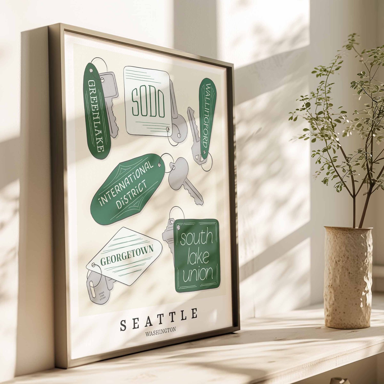 Hand-drawn Seattle key fobs wall art featuring custom lettering in rich green tones