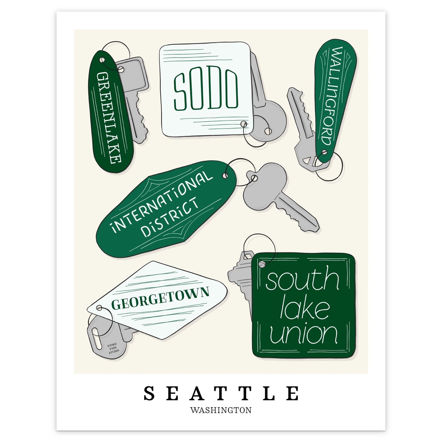 Seattle neighborhoods depicted in playful, hand-lettered key fobs in earthy green hues