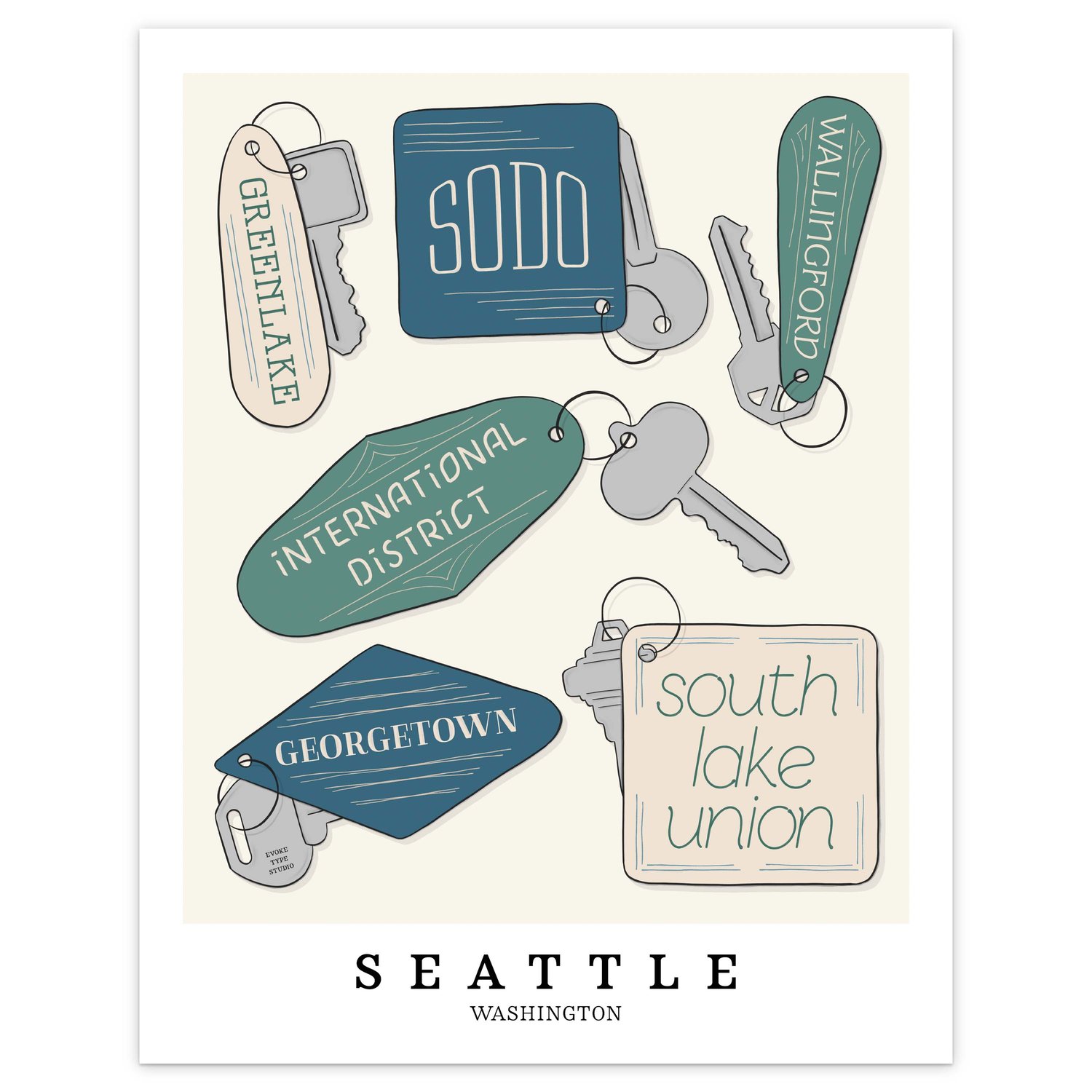 Seattle neighborhoods depicted in playful, hand-lettered key fobs with coastal-inspired colors